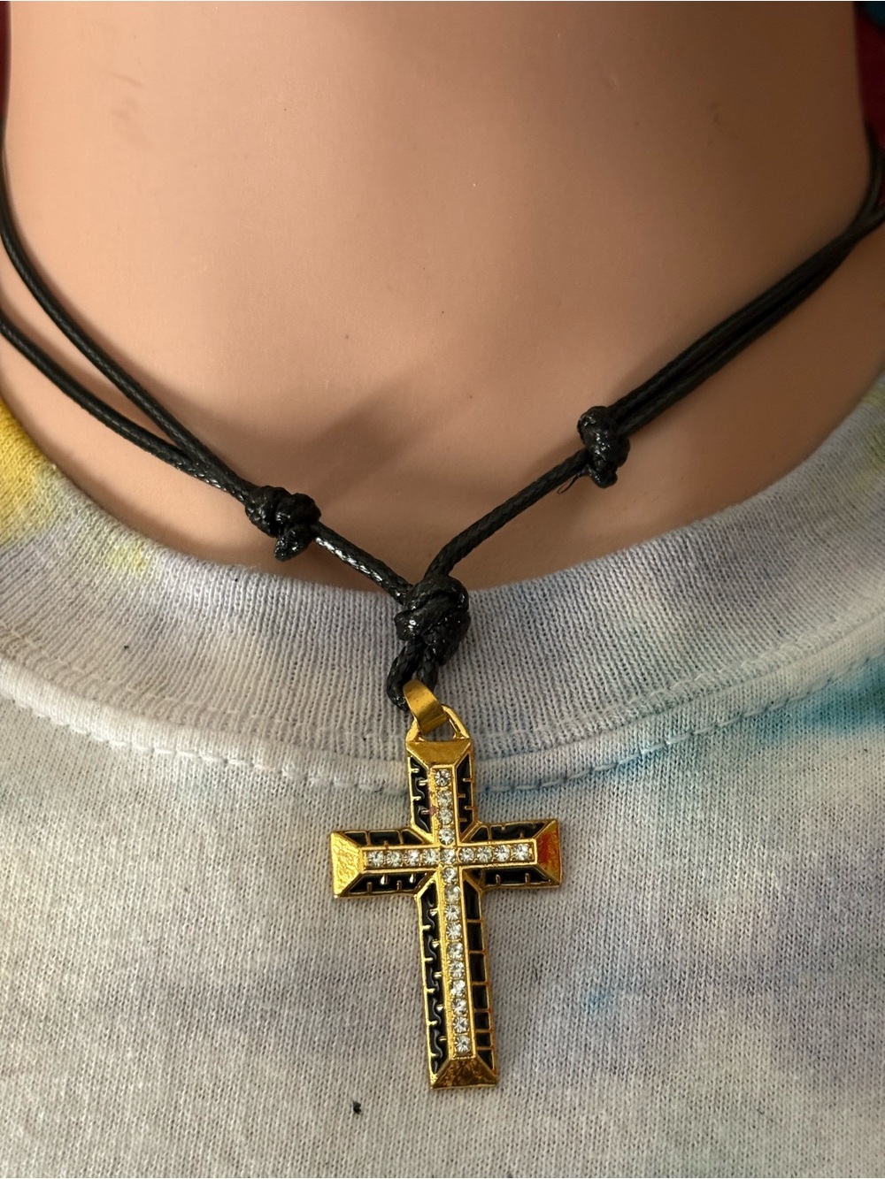 Gold Cross Pendant on Black Cord Necklace - Gold and Black